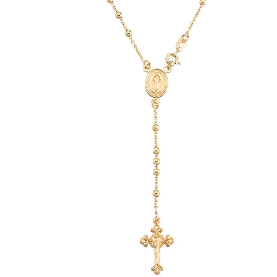 925 Sterling Silver or 18Kt Yellow Gold over Silver Italian Rosary Bead Cross Y Necklace Chain for Women